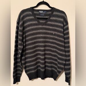 Polo Ralph Lauren 100% Lambswool Striped V-Neck Sweater L | Soft Wool